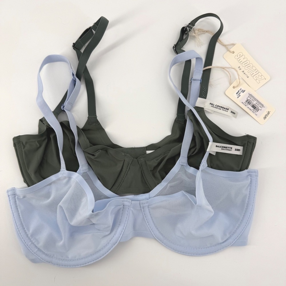 Aerie SMOOTHEZ Bra Bundle 32D Balconette Full Coverage Blue Olive Green NEW